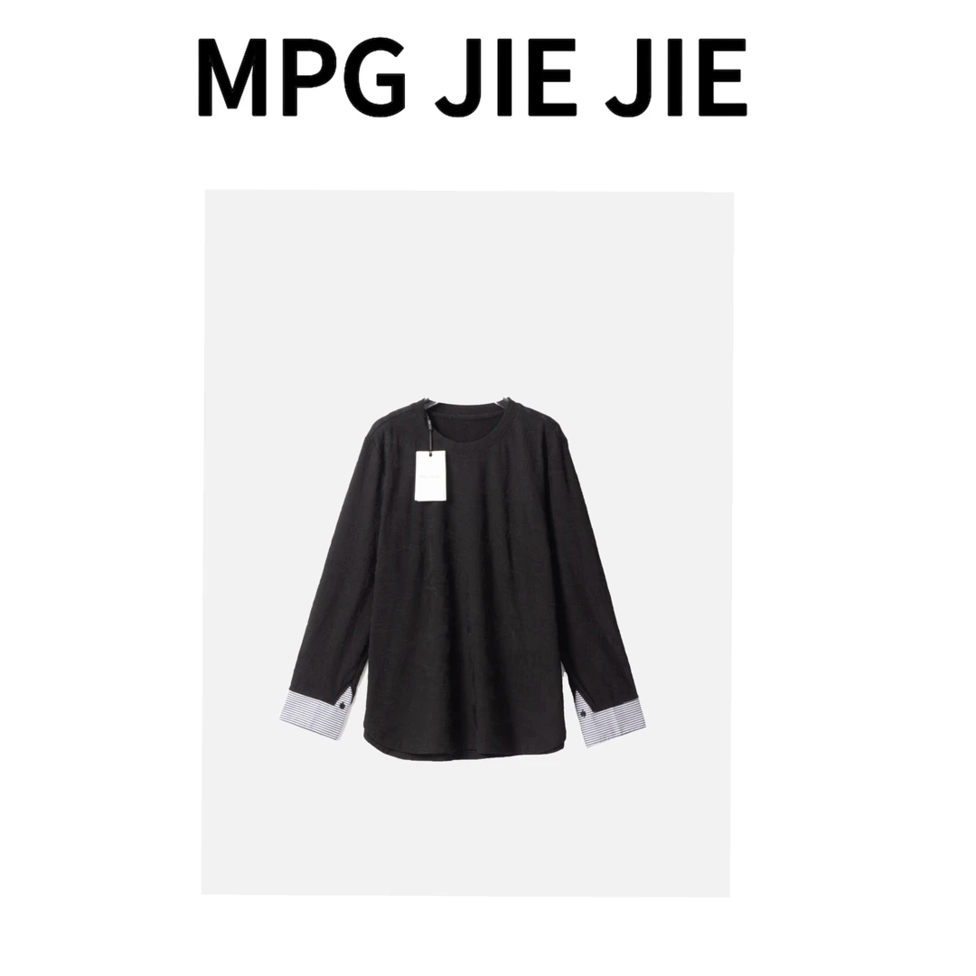 MPG JIEJIE【叠穿加绒】早春长袖针织时尚休闲拼接圆领加绒上衣