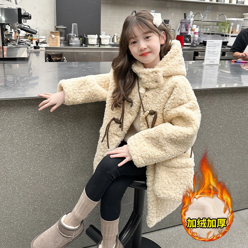 女童加绒毛毛衣外套秋冬2024新款洋气大童加厚冬季儿童羊羔绒上衣