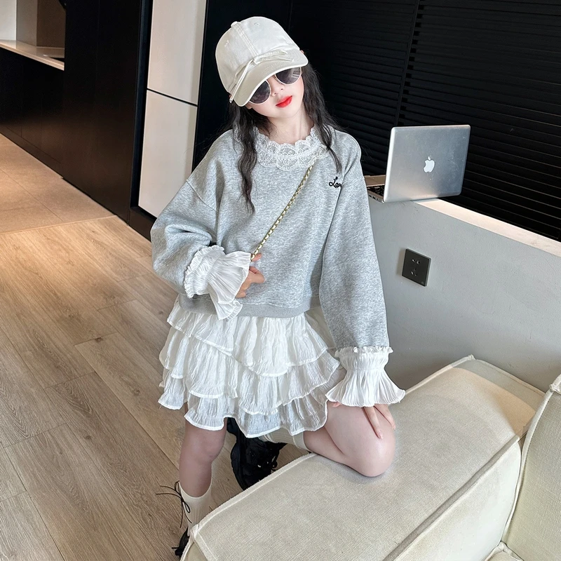女童春秋套装2025新款洋气时髦女大童宽松卫衣秋季儿童白色蛋糕裙