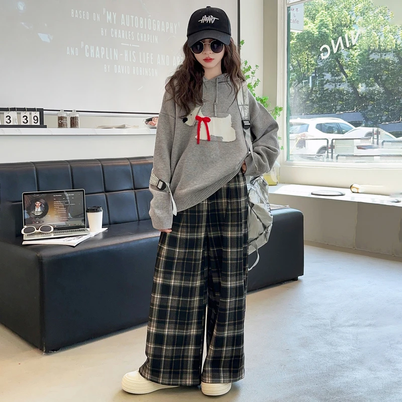 女童春秋套装2025新款洋气大童连帽毛衣秋季6-12岁儿童格子裤潮款