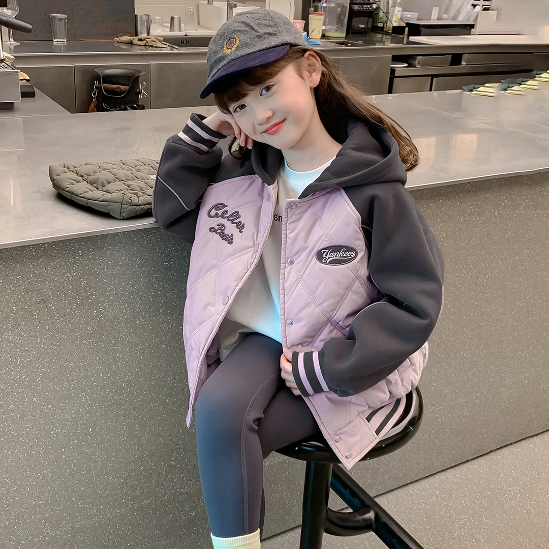 女童外套秋冬2025新款洋气女大童夹棉连帽棉服冬季儿童加厚棒球服