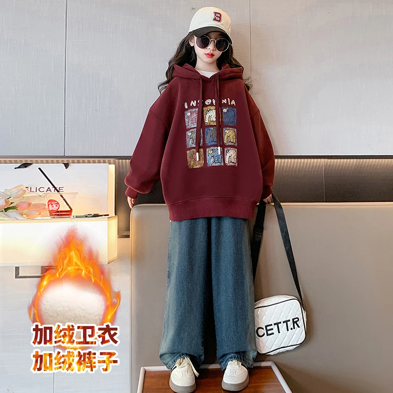 女童加绒卫衣秋冬2025新款洋气女大童一体绒加厚连帽套头上衣冬装