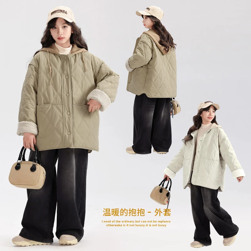 女童加绒棉衣外套秋冬2024新款洋气女大童羊羔绒加厚冬季儿童棉服