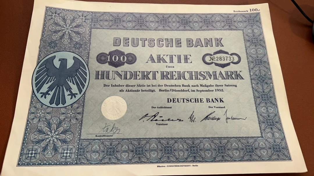 德意志银行 纸质股票 1952年印刷精美 水印
