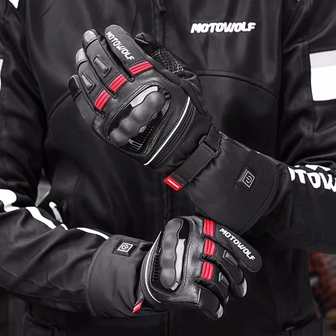 摩托车骑行加热手套冬季保暖防风寒机车装备男女真皮发热调温电热