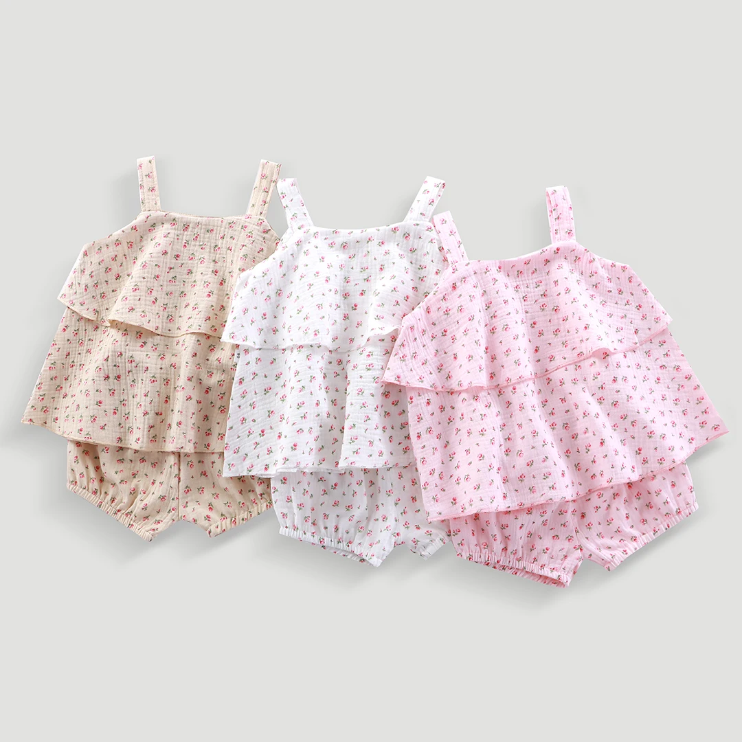 女童宝宝碎花吊带裙短裤套装春夏双层棉纱透气舒适可爱家居两件套