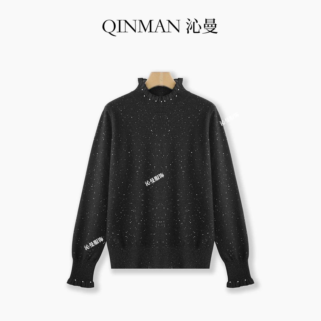 沁曼9138优雅气质珠光熠熠绵羊毛珠片纱钉珠半高领针织衫女羊毛衫