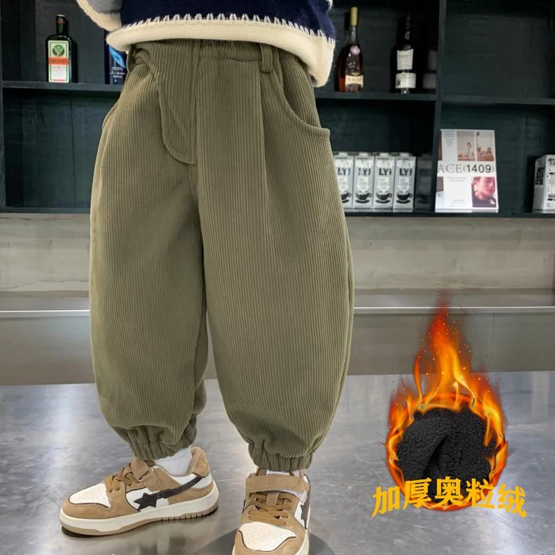 男童灯芯绒裤子一体绒秋冬装2023新款儿童休闲老爹裤加绒保暖长裤