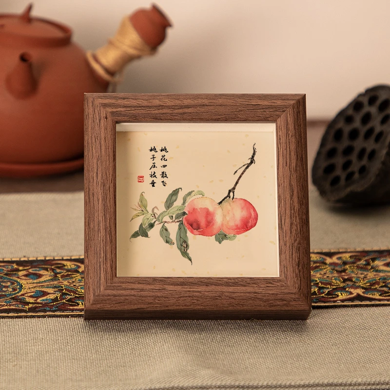 【桃子压枝垂】4寸书法摆台文艺书法桌面简约玻璃木质中空相框摆件