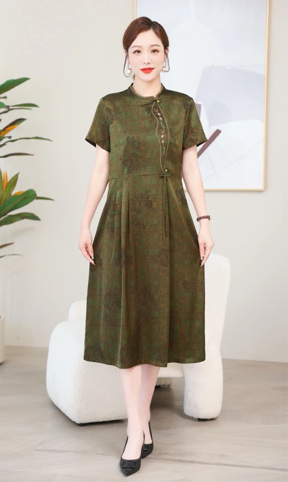 7755 中国风连衣裙女洋气质新中式改良旗袍中老年女遮肚显瘦裙子