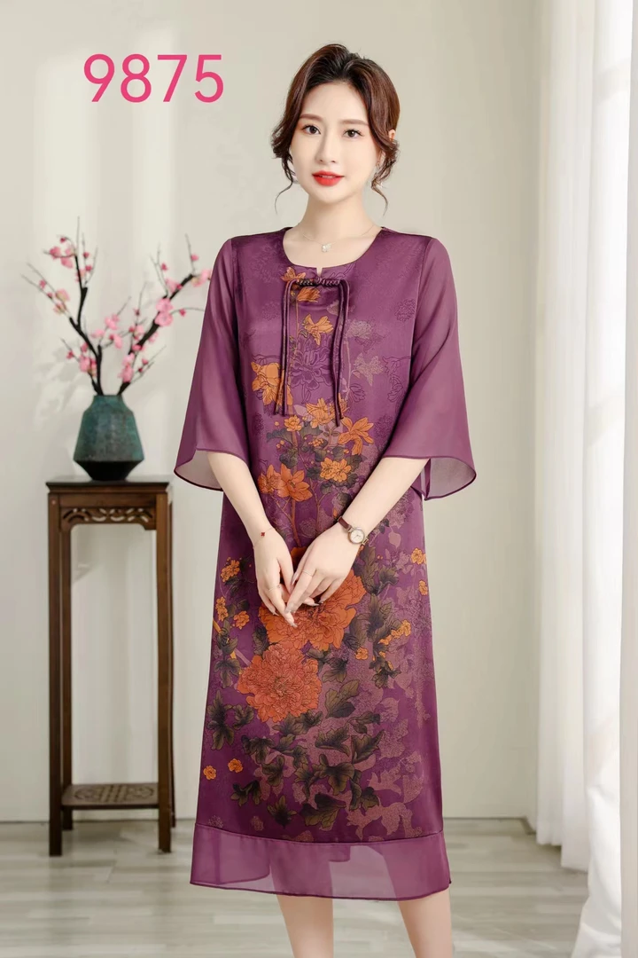 9875 夏季时尚洋气复古国风宽松连衣裙遮肉显瘦圆领妈妈装连衣裙