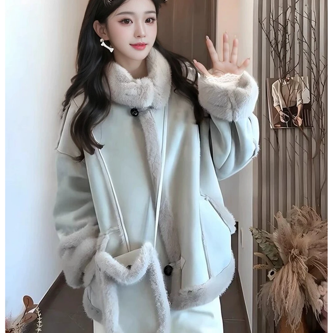 N毛毛外套女短款2024新款冬季韩版宽松拼接立领机车风休闲