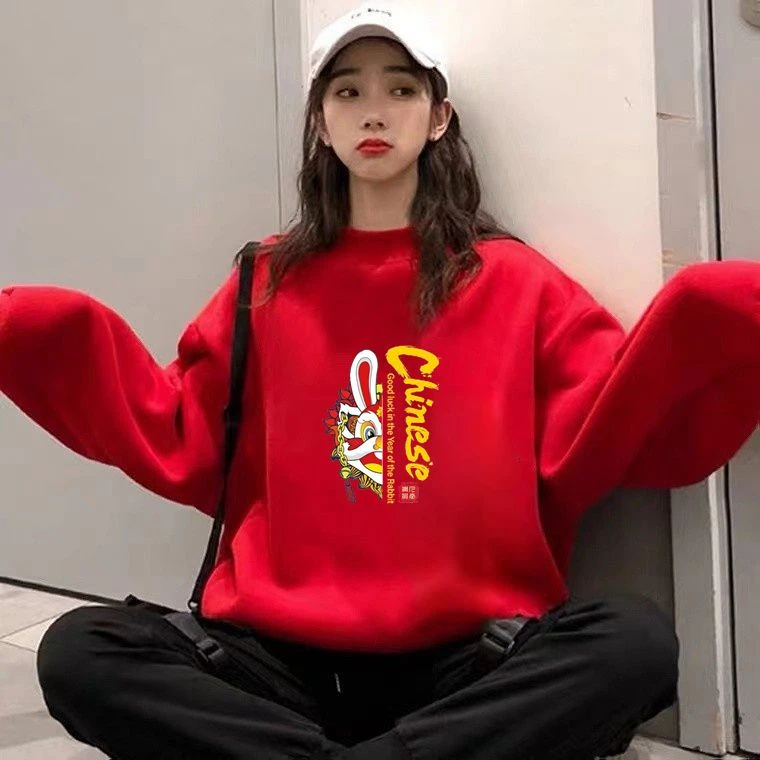 【兔子Chinese】  加绒中国红卫衣男女同款  宽松百搭印花休闲