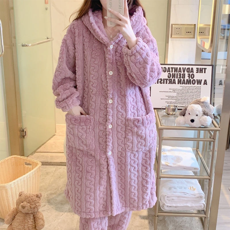 保暖睡袍女防寒家居服中长款睡衣8801