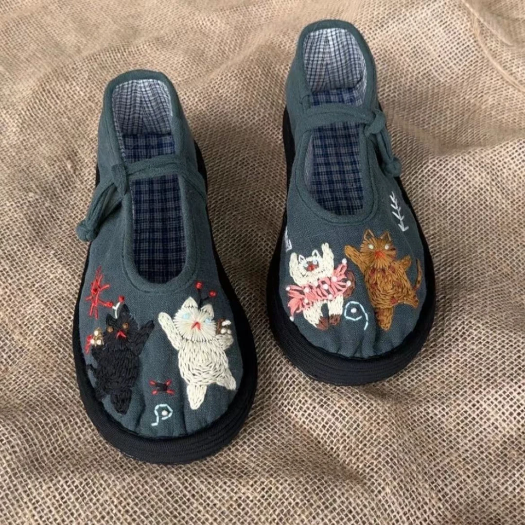 纯手工定制款跳舞猫盘口鞋软底千层底