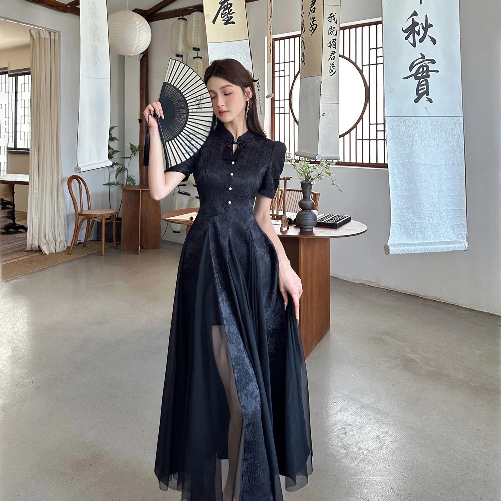 新中式国风拼接网纱改良轻熟复古风设计感蓬蓬连衣裙气质长裙子潮