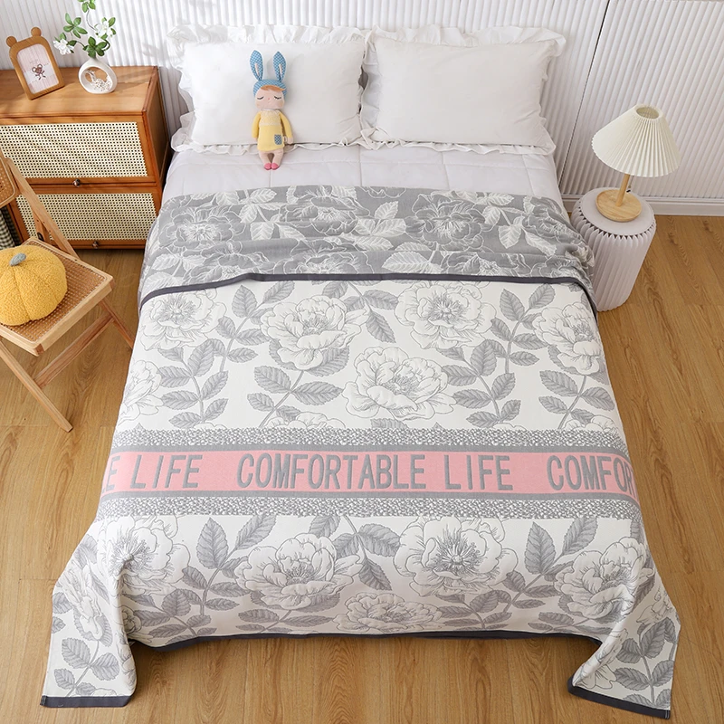 牡丹花海230**250床盖多功能四季通用多层棉纱布大床细纱加厚盖毯