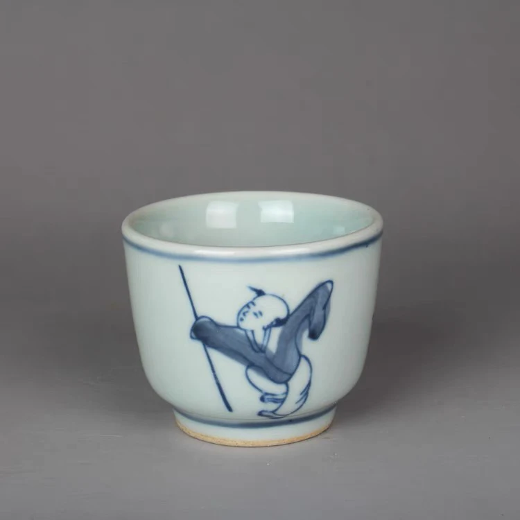 青花功夫童子人物陶瓷茶杯怀旧复古品茗杯容量50毫升仿古