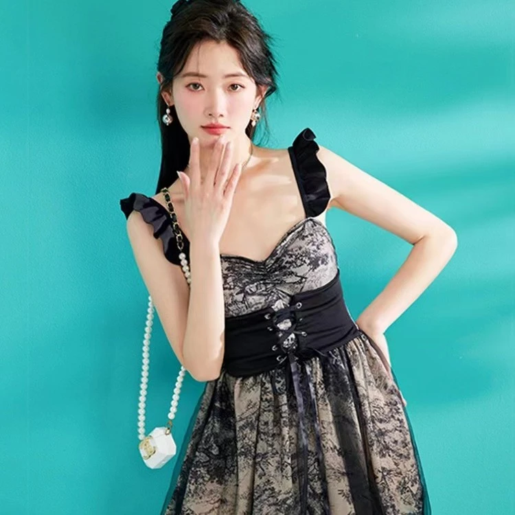 Xblueni茶园墨点泳衣女2023新款高级感夏季连体纯欲风泡温泉泳装