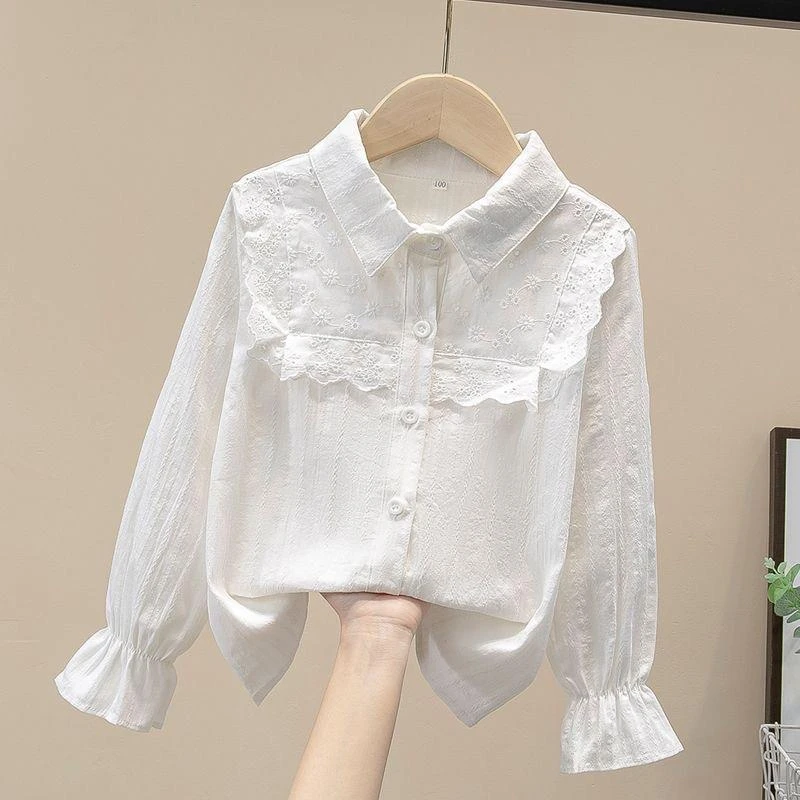 FAVMARTHA女童春秋季白色娃娃领衬衫2025儿童长袖衬衣洋气大童时