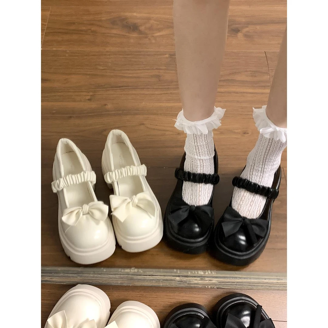 FAVMARTHA圆头玛丽珍皮鞋女春夏季法式高跟jk松糕厚底粗跟蝴蝶结