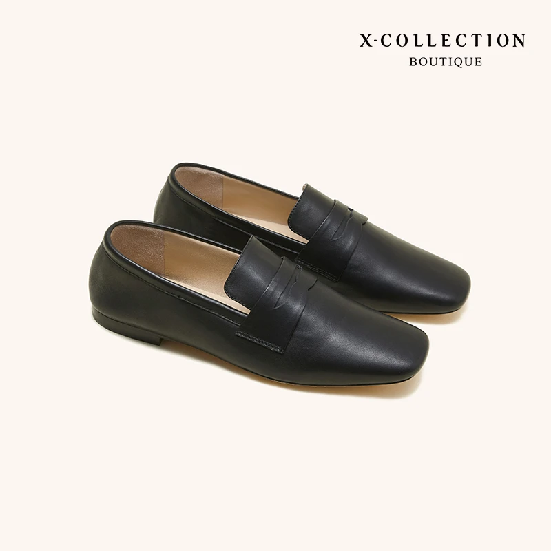 Xcollection 经典方头乐福鞋复古平跟羊皮单鞋懒人鞋女