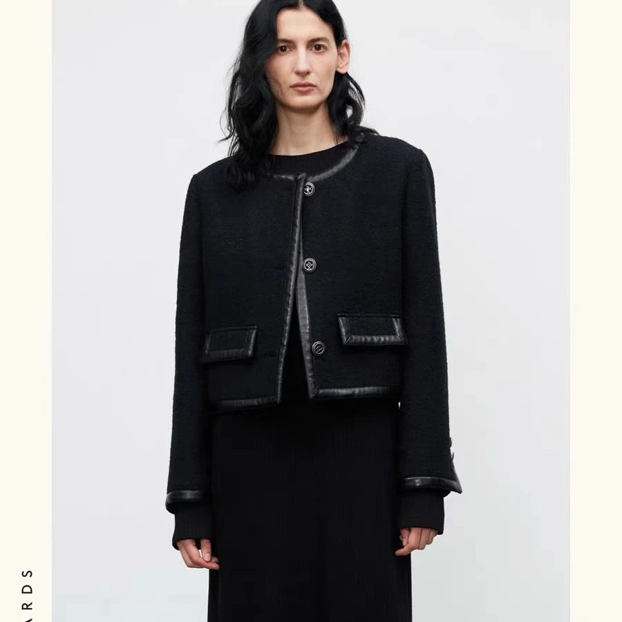 ROOMCARDS独立设计师品牌 黑色拼接短外套女羊毛混纺皮革小香外套