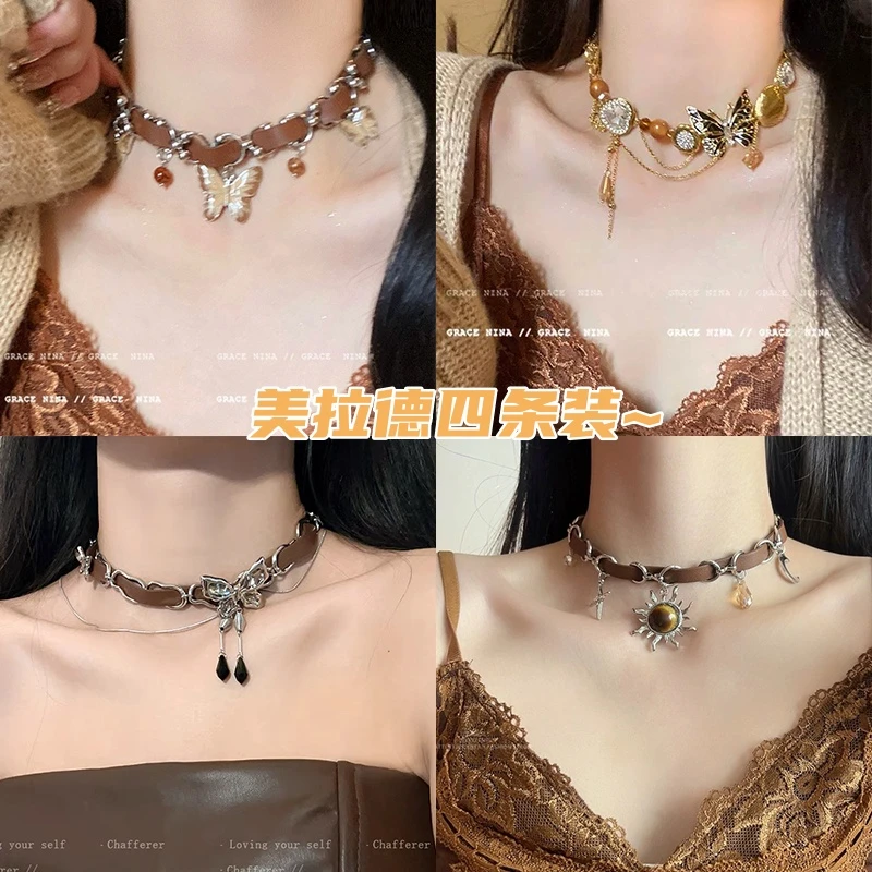合金皮质项链 美拉德太阳皮革项链高级感甜酷辣妹高级感项圈颈链