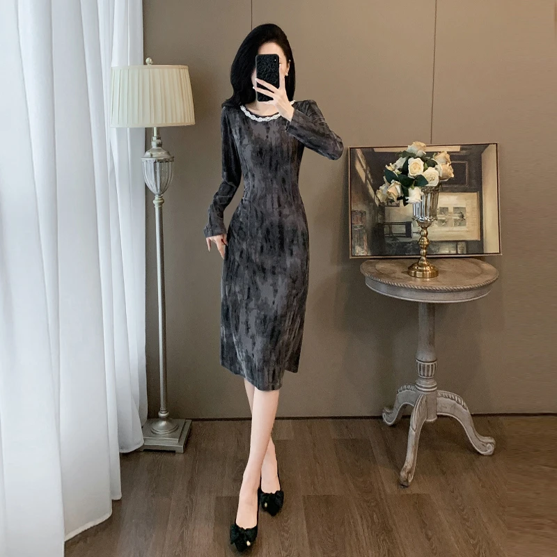 新款高档长袖气质连衣裙女秋季显瘦打底法式中长款十大最美裙子