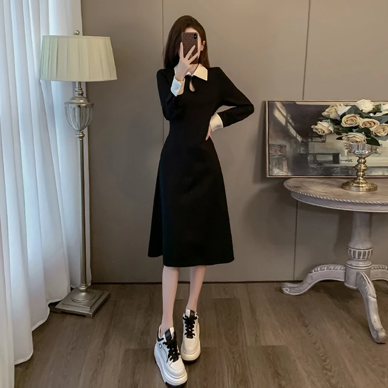 黑色气质连衣裙女春秋显瘦高级感小黑裙大衣打底内搭加绒加厚裙子