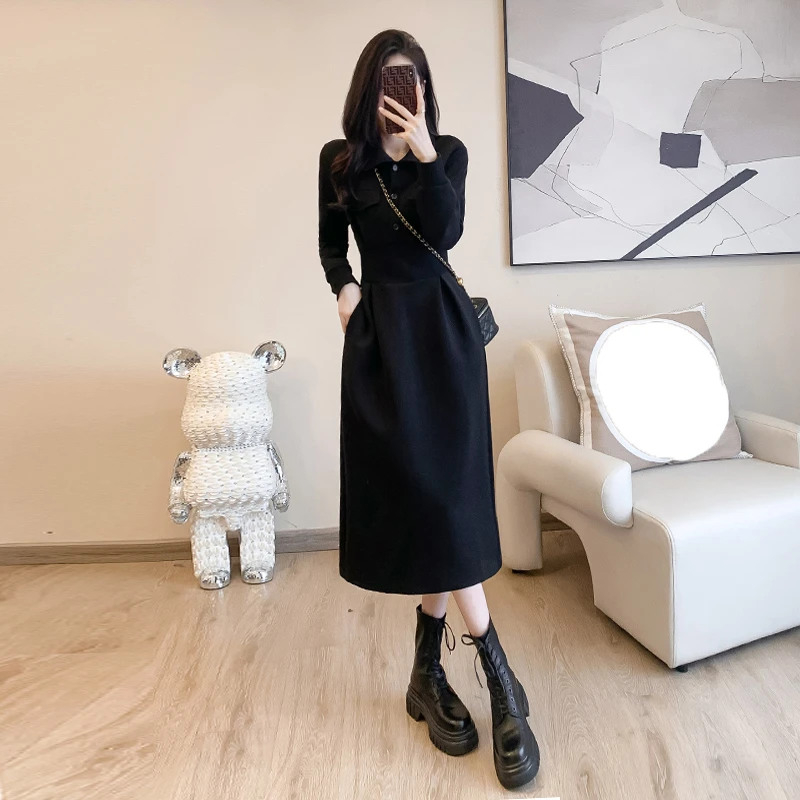黑色高档翻领长款连衣裙女秋冬收腰显瘦长袖赫本风长裙气质高级感