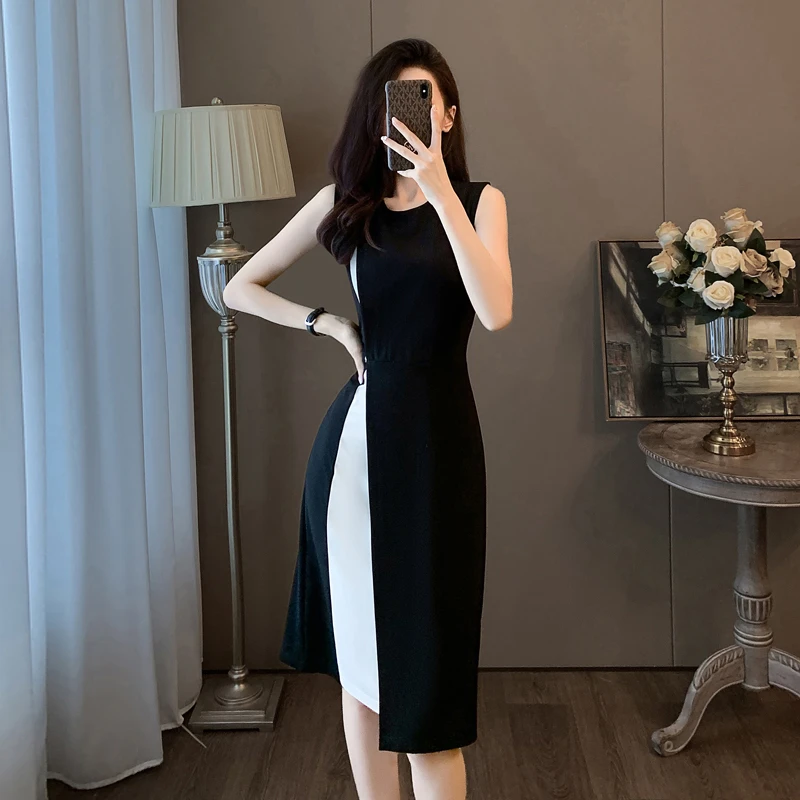 女士赫本风无袖连衣裙夏天显瘦气质高级感法式小黑裙拼色裙子