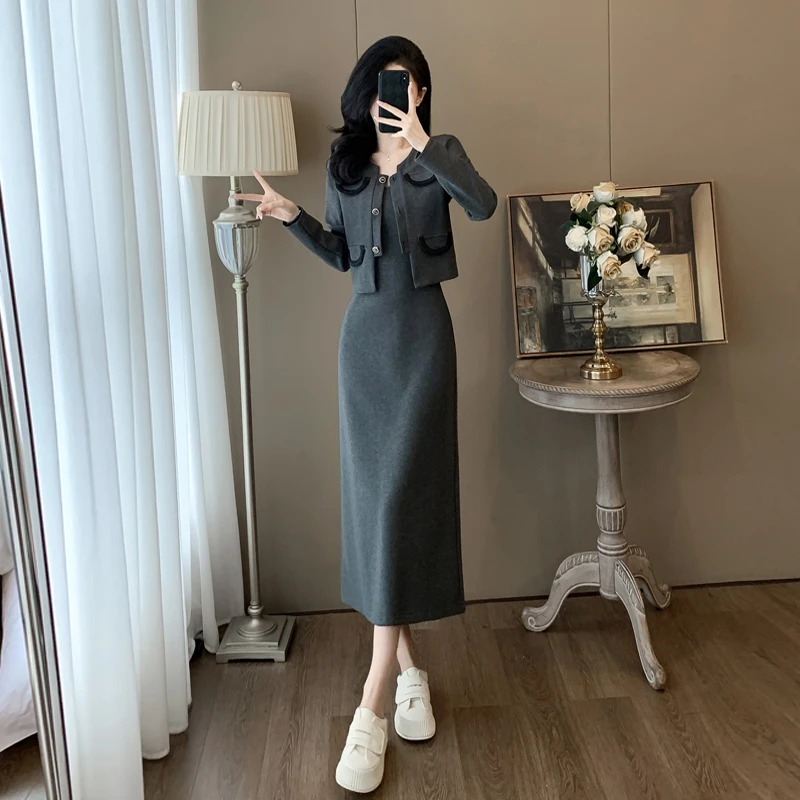 入秋女装一整套显瘦时尚减龄气质长袖外套搭配吊带连衣裙子两件套