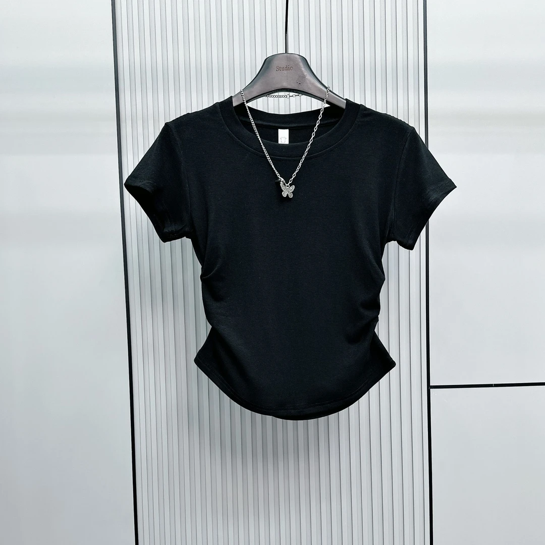 2025春夏新款韩版设计感小众褶皱收腰显瘦时尚纯色圆领百搭T恤