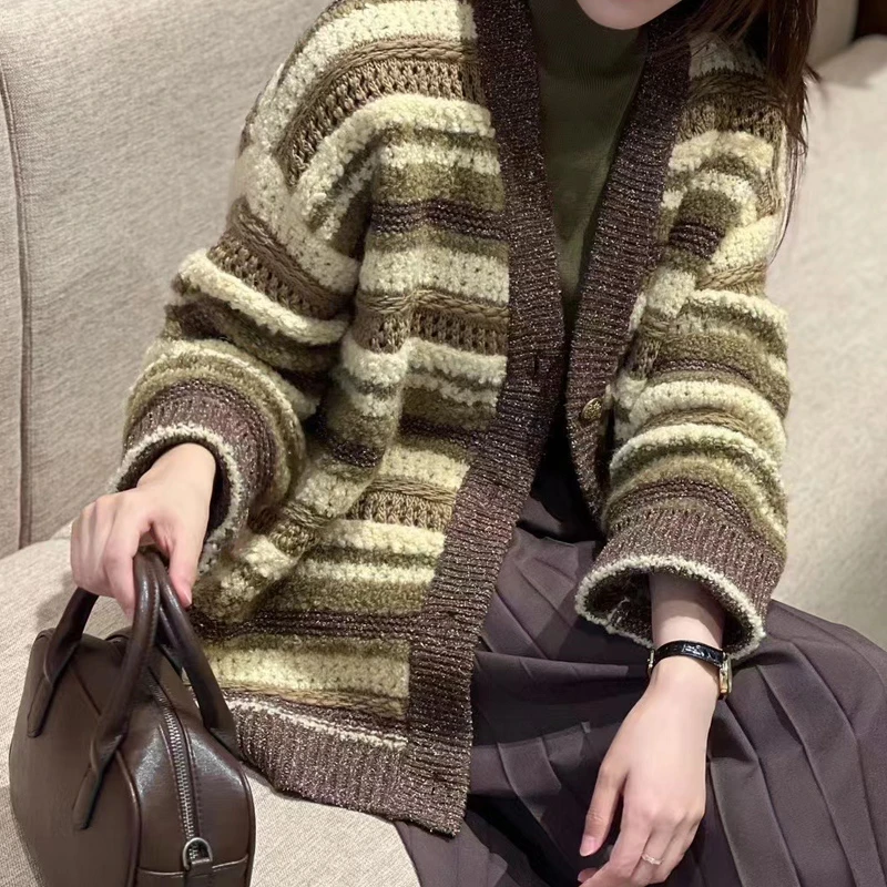 FLORA&AILEY【星线好物】VV领花纱夹条开衫C4S3716