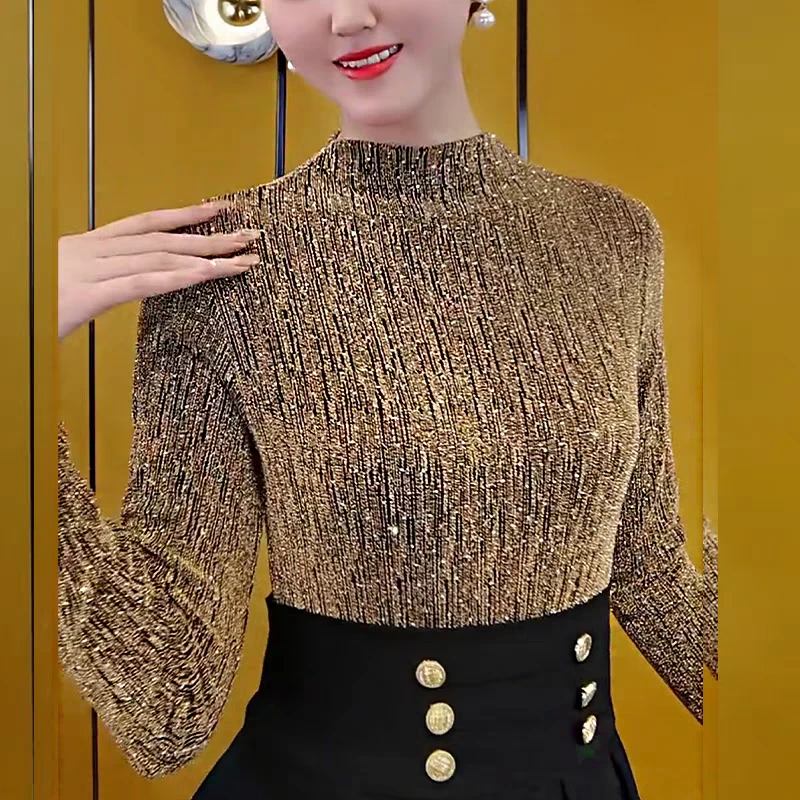 2024时尚新款欧货重工亮闪闪女装新款设计感袖上衣女士加绒打底衫