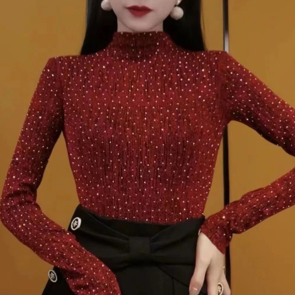 高端法式名媛轻奢亮丝烫钻红色打底衫女秋季修身显瘦长袖t恤上衣