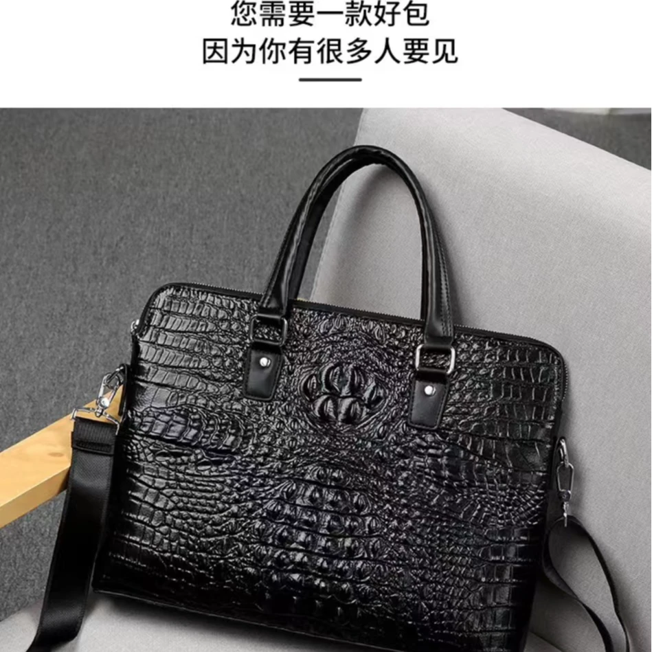 原切牛皮手提包商务男包斜跨单间大容量男士横款鳄鱼纹男包