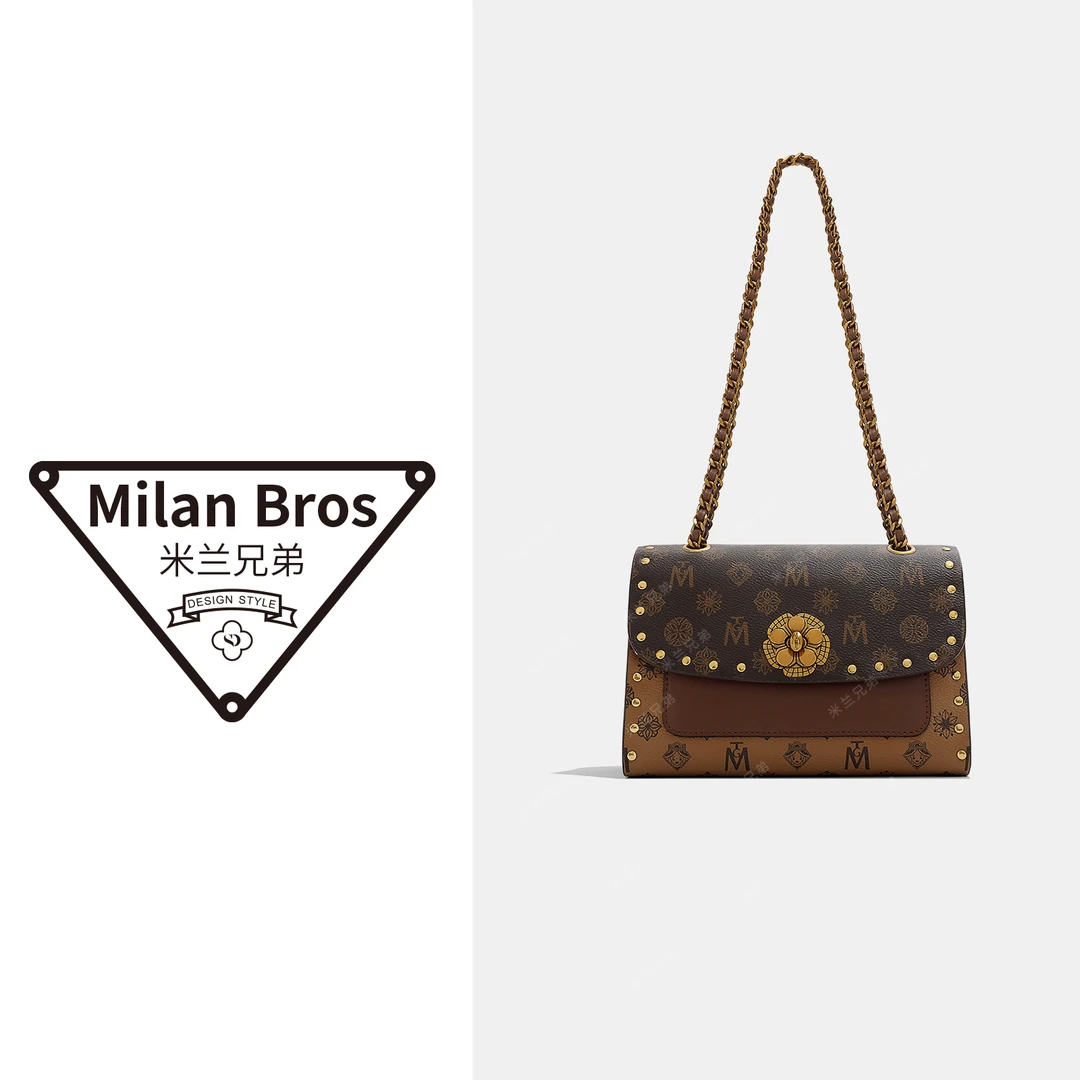 Montagut/梦特娇【米兰兄弟】梦特娇绣花棕色山茶包