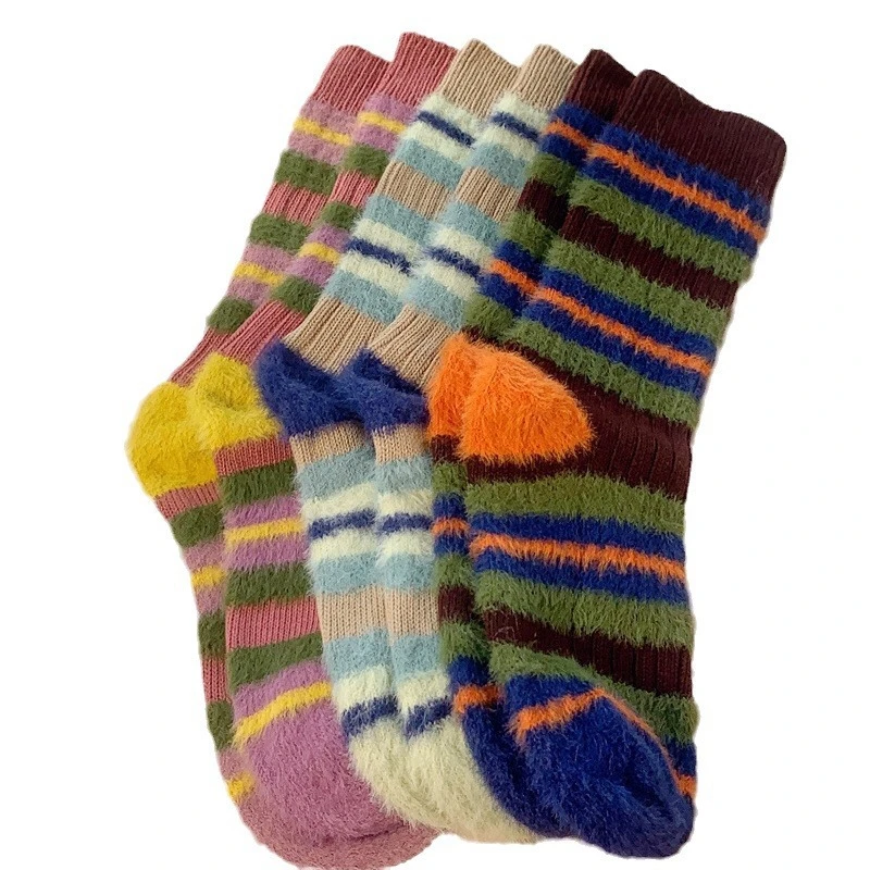【四双保暖袜子！】女中筒拼色撞色毛茸茸袜子冬季加厚保暖长袜