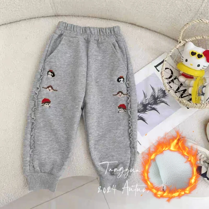 儿童花边卫裤秋冬款加绒保暖长裤女童卡通刺绣休闲运动裤子外穿
