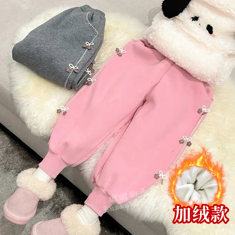 儿童秋款加绒卫裤宽松休闲女童卡通小蝴蝶结保暖外穿学生长裤子