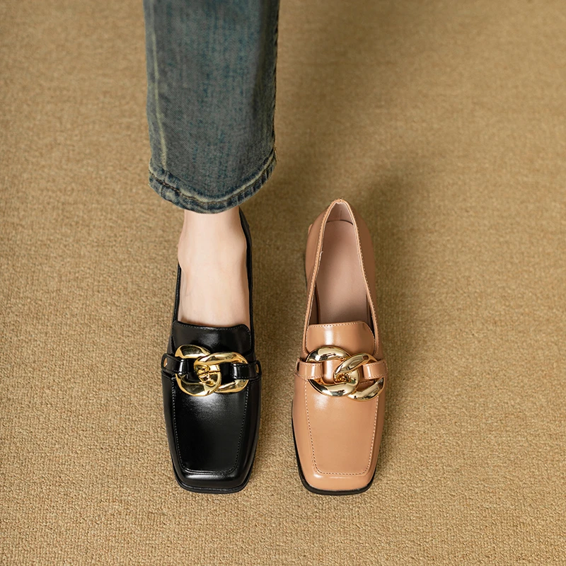 高级小众设计款方头乐福鞋真皮欧美风职场妈妈鞋百搭时尚粗跟单鞋