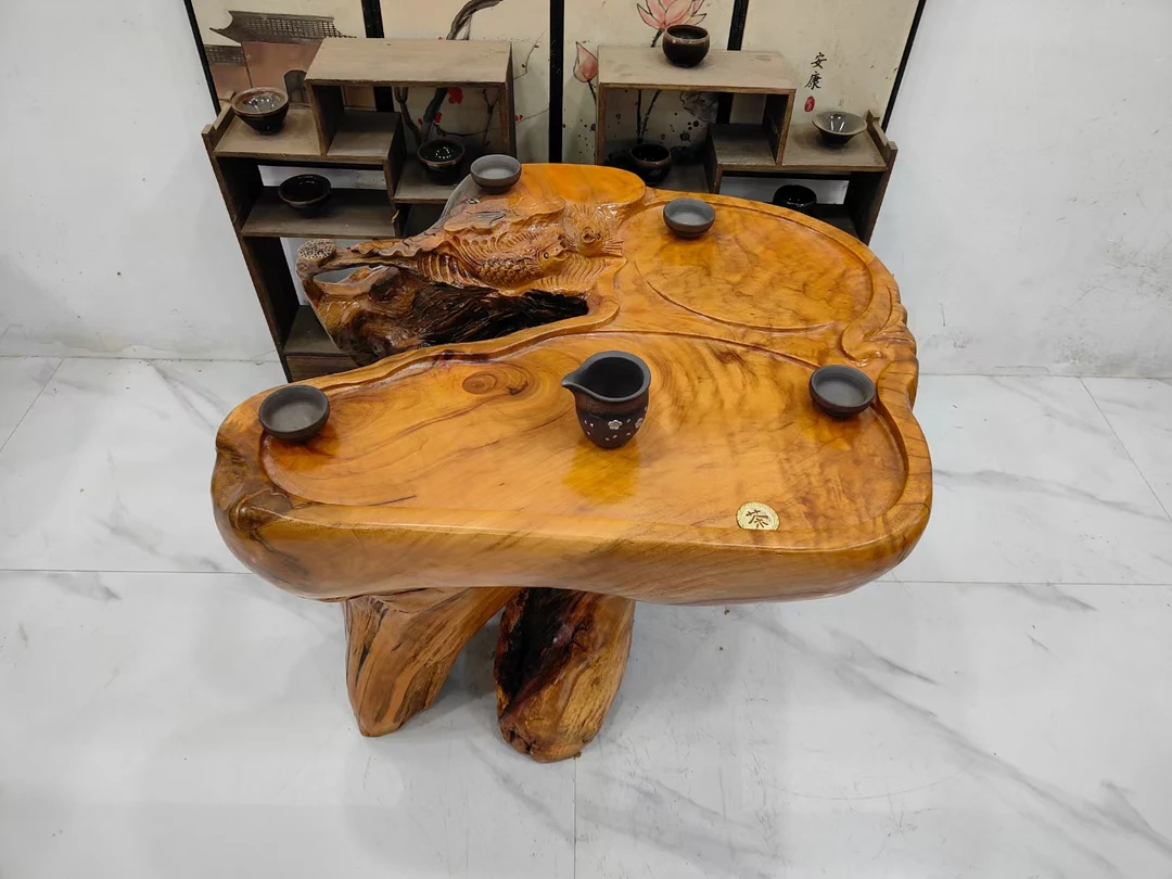 D2760香樟木整体根雕茶台阳台家用茶几年年有余80-67-66厘米