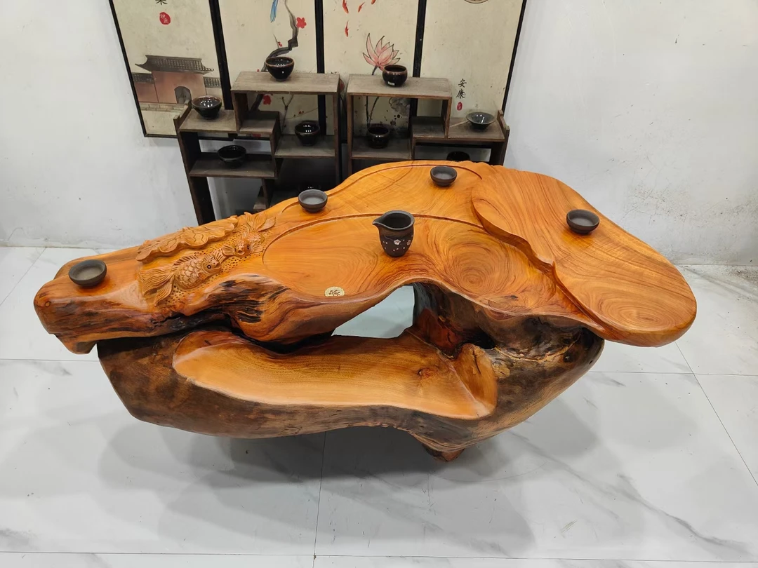 D2644香樟木整体根雕茶台，阳台家用茶几，荷塘月色133-70-66厘米
