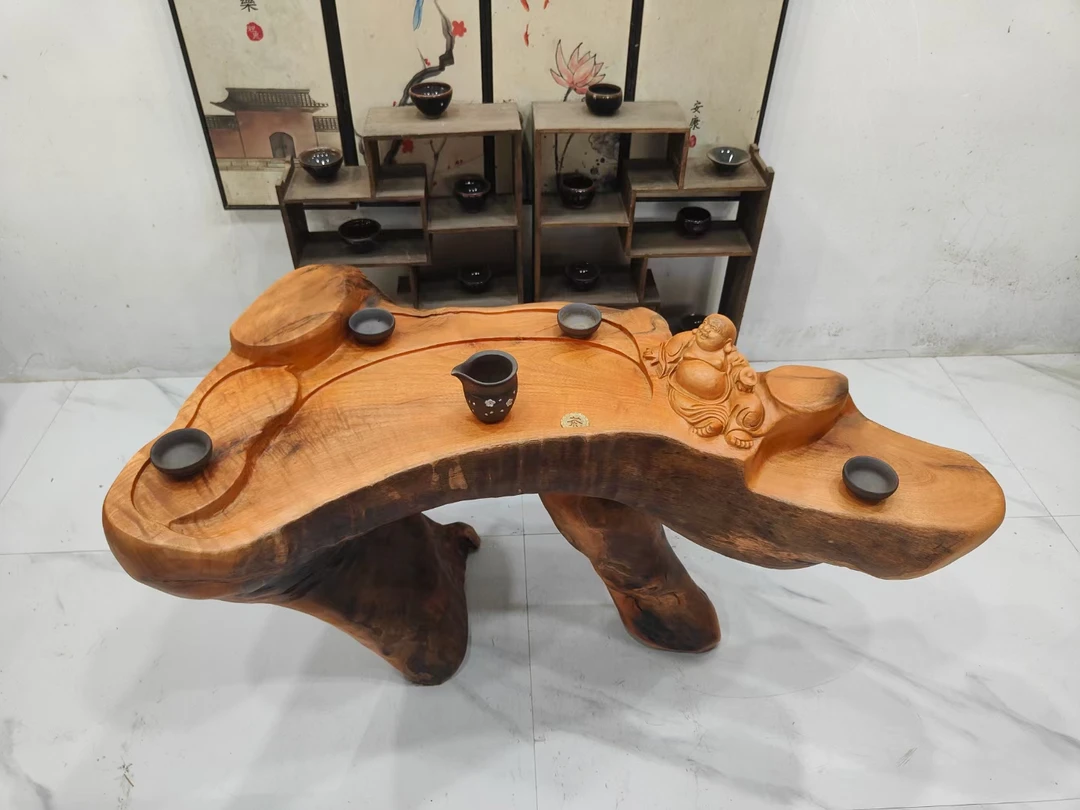 D2683香樟木根雕茶台，阳台家用茶几，招财弥勒116-53-65厘米