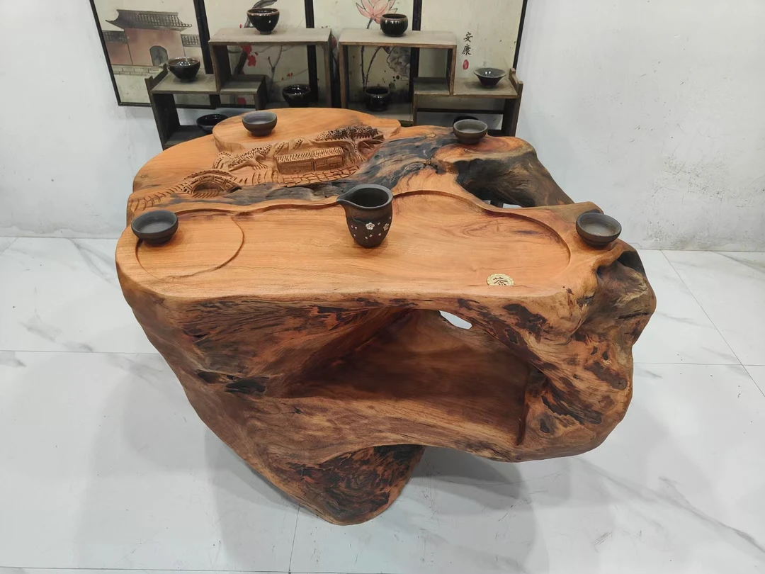 D2694香樟木整体根雕茶台，阳台家用茶几，山野人家92*63*66厘米
