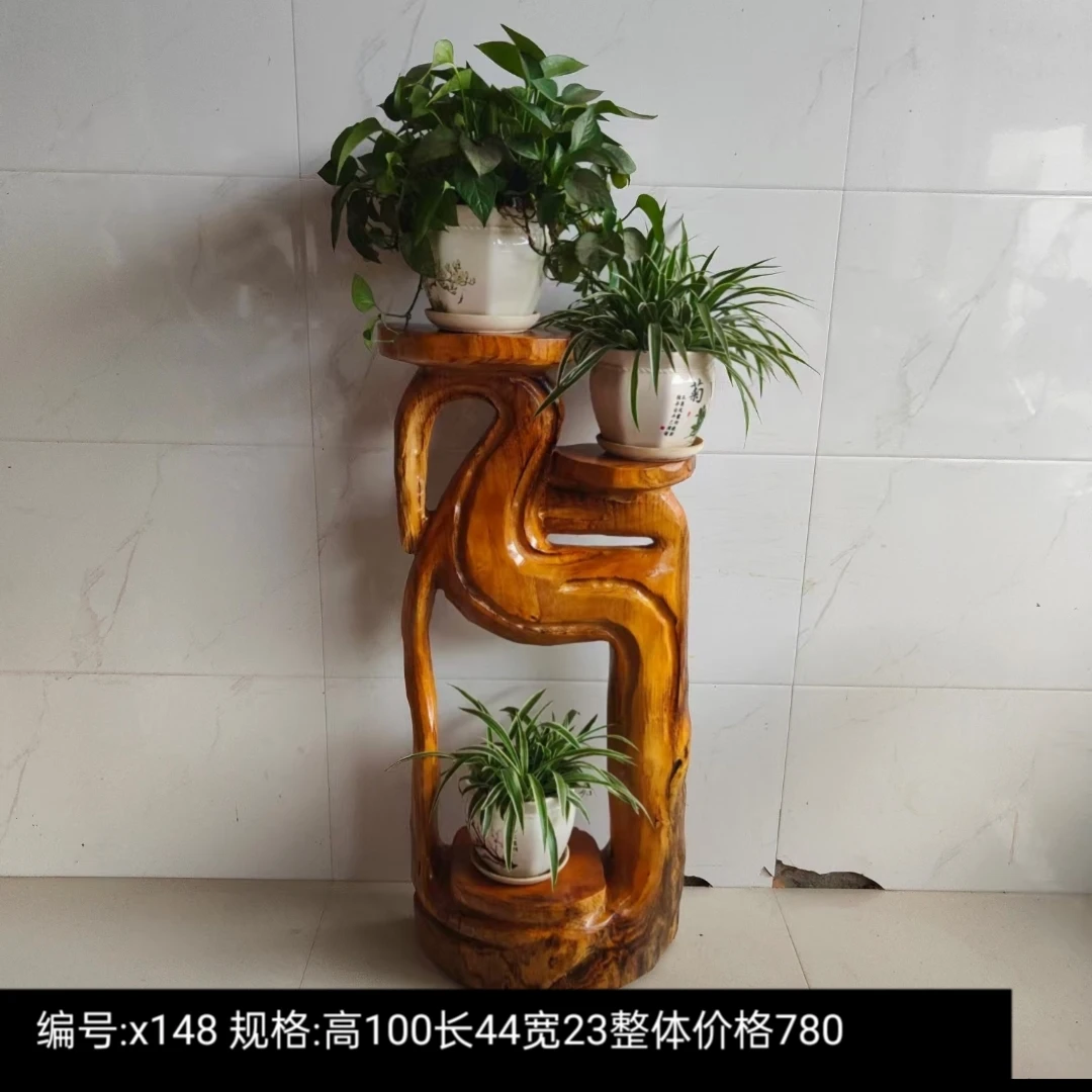天然实木根雕花架整体香樟木无拼接盆景架摆件