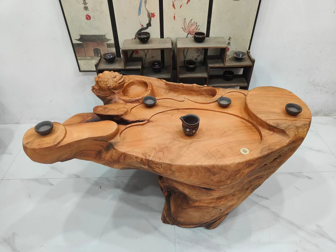 D2665香樟木整体根雕流水茶台， 招财进宝，130*70*65厘米