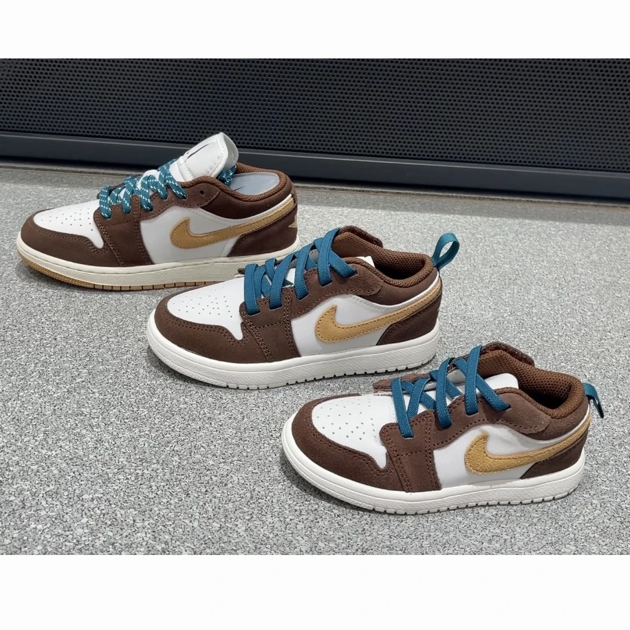 Nike/耐克Jordan1 Low透气耐磨低帮复古篮球鞋棕白色婴童中童大童